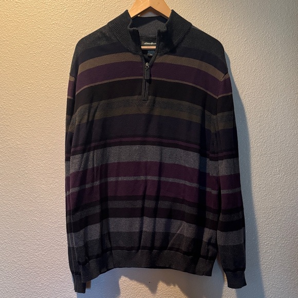 Eddie Bauer Men's Zip-Up cashmere blend Sweater - Black, Gray, Purple Stripes - Picture 1 of 3